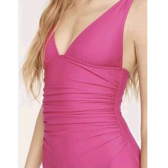 J. Crew Long-Torso Ruched V-neck One-Piece Swim Radiant Fuchsia Pink Siz 20 (855 - Picture 2 of 5